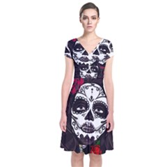 Mexican Skull Lady Short Sleeve Front Wrap Dress by snowwhitegirl