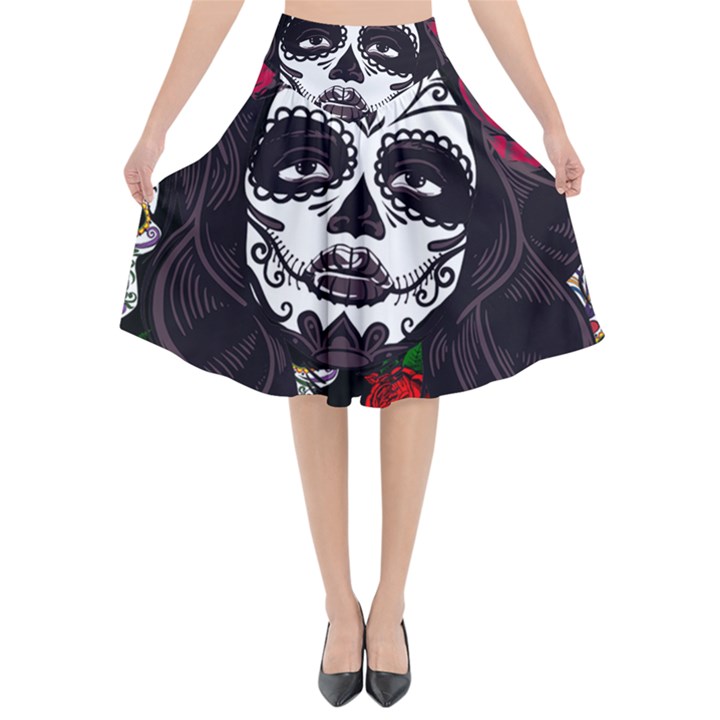 Mexican Skull Lady Flared Midi Skirt