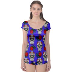 Skull Pattern Blue Boyleg Leotard 