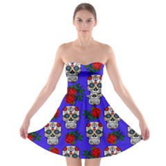 Skull Pattern Blue Strapless Bra Top Dress by snowwhitegirl