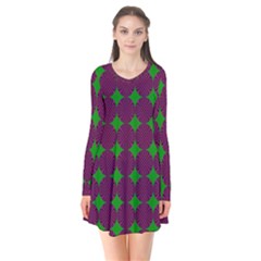 Bright Mod Pink Green Circle Pattern Long Sleeve V-neck Flare Dress by BrightVibesDesign