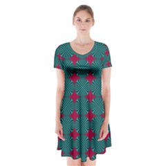 Mod Teal Red Circles Pattern Short Sleeve V-neck Flare Dress by BrightVibesDesign