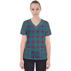 Mod Teal Red Circles Pattern Women s V-neck Scrub Top by BrightVibesDesign