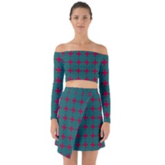 Mod Teal Red Circles Pattern Off Shoulder Top With Skirt Set by BrightVibesDesign