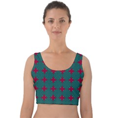 Mod Teal Red Circles Pattern Velvet Crop Top by BrightVibesDesign