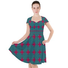 Mod Teal Red Circles Pattern Cap Sleeve Midi Dress by BrightVibesDesign