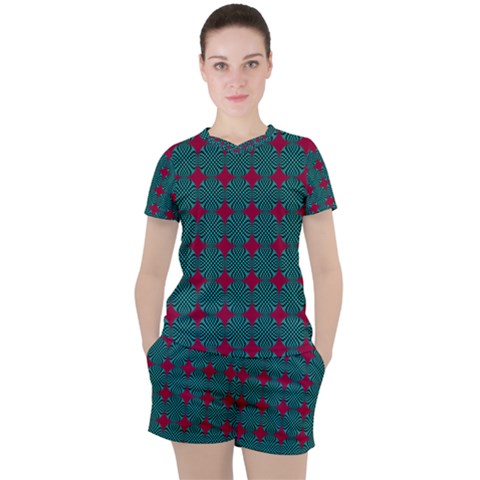 Mod Teal Red Circles Pattern Women s Tee And Shorts Set by BrightVibesDesign