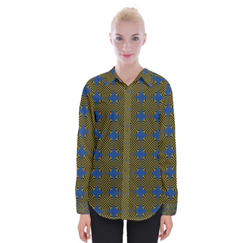 Mod Yellow Blue Circles Pattern Womens Long Sleeve Shirt by BrightVibesDesign