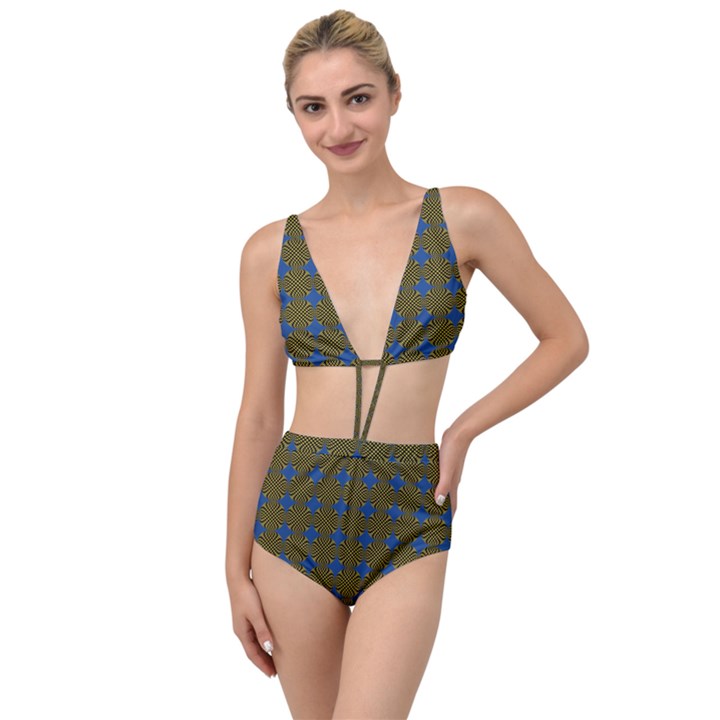 Mod Yellow Blue Circles Pattern Tied Up Two Piece Swimsuit