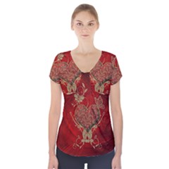 Wonderful Decorative Heart In Gold And Red Short Sleeve Front Detail Top by FantasyWorld7