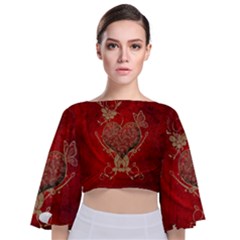 Wonderful Decorative Heart In Gold And Red Tie Back Butterfly Sleeve Chiffon Top by FantasyWorld7