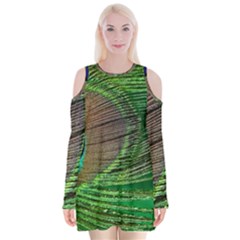 Peacock Feather Macro Peacock Bird Velvet Long Sleeve Shoulder Cutout Dress