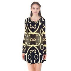 Black Embossed Swirls In Gold By Flipstylez Designs Long Sleeve V-neck Flare Dress