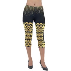 Black Vintage Background With Golden Swirls By Flipstylez Designs Lightweight Velour Capri Leggings  by flipstylezfashionsLLC