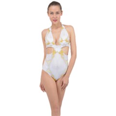 White Marble Pattern By Flipstylez Designs Halter Front Plunge Swimsuit by flipstylezfashionsLLC