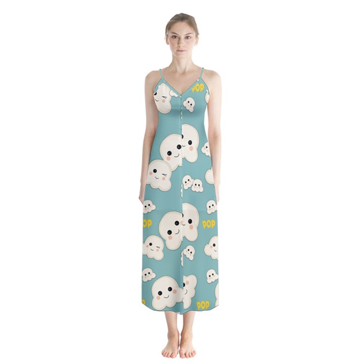 Cute Kawaii Popcorn pattern Button Up Chiffon Maxi Dress