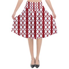 Circles Lines Red White Pattern Flared Midi Skirt by BrightVibesDesign