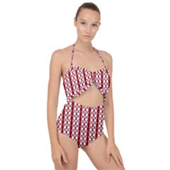 Circles Lines Red White Pattern Scallop Top Cut Out Swimsuit