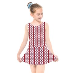 Circles Lines Red White Pattern Kids  Skater Dress Swimsuit by BrightVibesDesign