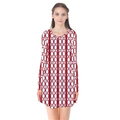 Circles Lines Red White Pattern Long Sleeve V-neck Flare Dress by BrightVibesDesign