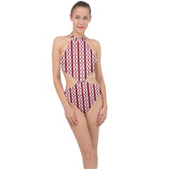 Circles Lines Red White Pattern Halter Side Cut Swimsuit by BrightVibesDesign