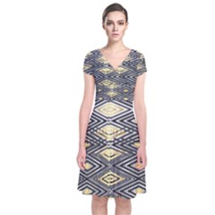 Gold Triangles And Black Pattern By Flipstylez Designs Short Sleeve Front Wrap Dress by flipstylezfashionsLLC