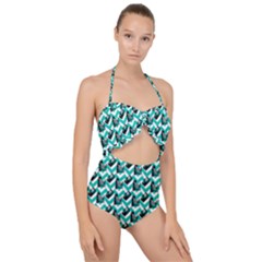 Vintage Camera Chevron Aqua Scallop Top Cut Out Swimsuit by snowwhitegirl