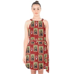 Mona Lisa Frame Pattern Red Halter Collar Waist Tie Chiffon Dress