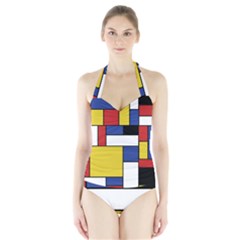 Mondrian Geometric Art Halter Swimsuit by KayCordingly