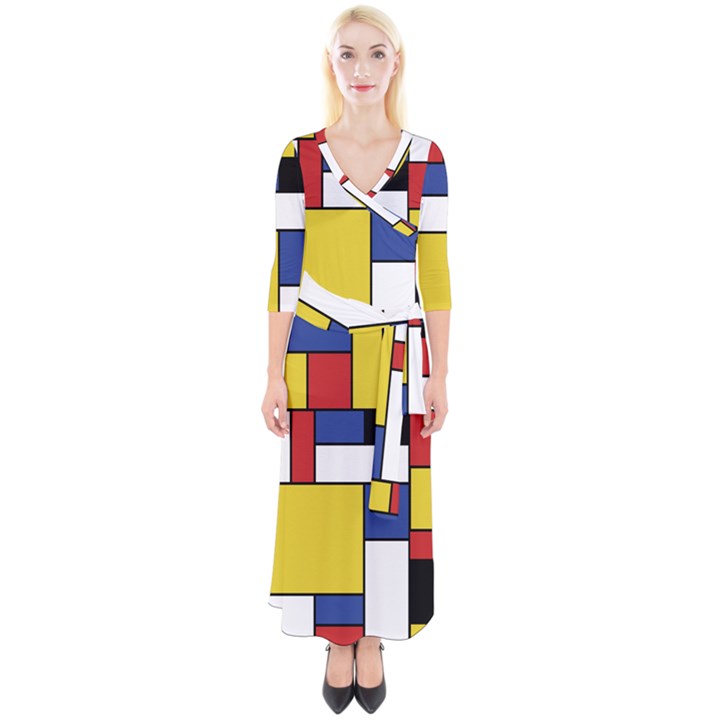 Mondrian Geometric Art Quarter Sleeve Wrap Maxi Dress