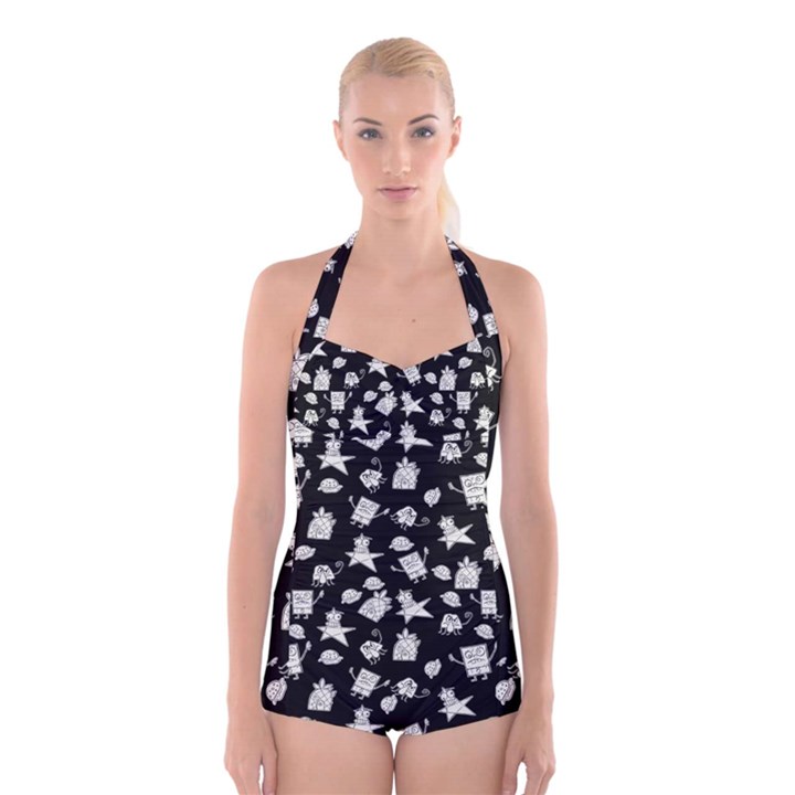 Doodle Bob Pattern Boyleg Halter Swimsuit 