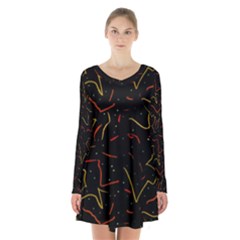 Lines Abstract Print Long Sleeve Velvet V-neck Dress