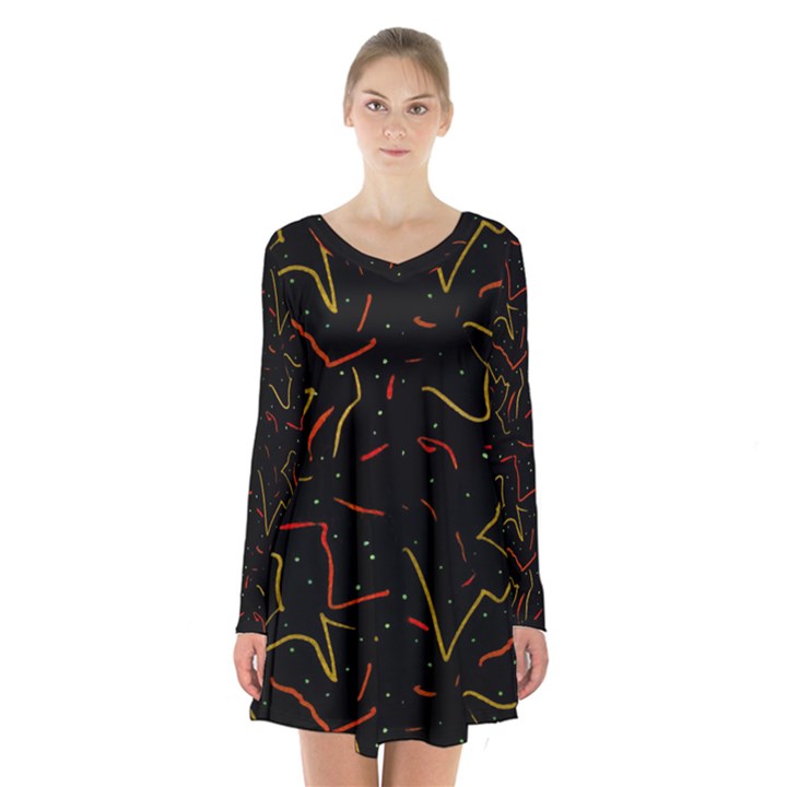 Lines Abstract Print Long Sleeve Velvet V-neck Dress