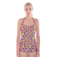 Multicolored Linear Pattern Design Boyleg Halter Swimsuit 