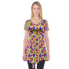 Multicolored Linear Pattern Design Short Sleeve Tunic 