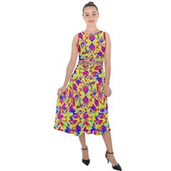 Multicolored Linear Pattern Design Midi Tie-back Chiffon Dress
