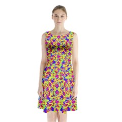 Multicolored Linear Pattern Design Sleeveless Waist Tie Chiffon Dress