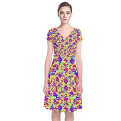 Multicolored Linear Pattern Design Short Sleeve Front Wrap Dress