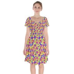 Multicolored Linear Pattern Design Short Sleeve Bardot Dress