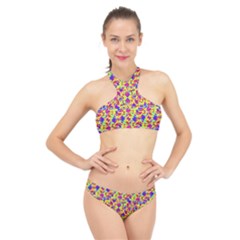 Multicolored Linear Pattern Design High Neck Bikini Set