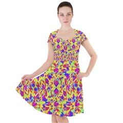 Multicolored Linear Pattern Design Cap Sleeve Midi Dress