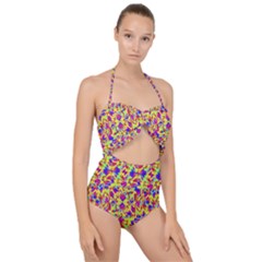 Multicolored Linear Pattern Design Scallop Top Cut Out Swimsuit