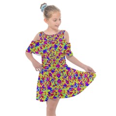 Multicolored Linear Pattern Design Kids  Shoulder Cutout Chiffon Dress