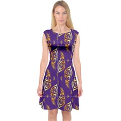 Purple Gold Peacock Feather Pattern Capsleeve Midi Dress by PKHarrisPlace