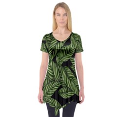 Leaves Black Background Pattern Short Sleeve Tunic  by Simbadda