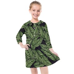 Leaves Black Background Pattern Kids  Quarter Sleeve Shirt Dress by Simbadda