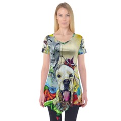 Wall Girl Dog Graphite Street Art Short Sleeve Tunic  by Simbadda