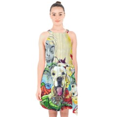 Wall Girl Dog Graphite Street Art Halter Collar Waist Tie Chiffon Dress