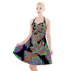 Autumn Pattern Dried Leaves Halter Party Swing Dress  by Simbadda