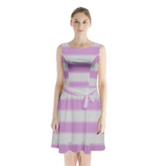 Bold Stripes Soft Pink Pattern Sleeveless Waist Tie Chiffon Dress